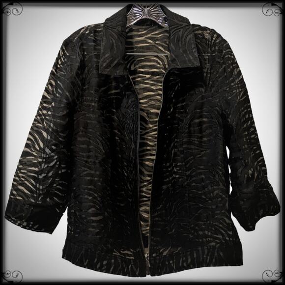Clara S Black Sheer Mesh Textured Zip Up Shirt Jacket Zebra AOP Women's XL - Picture 1 of 9